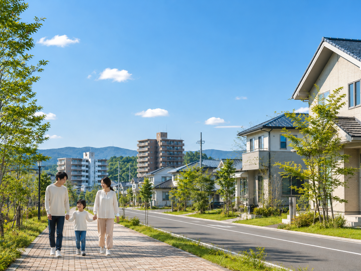 北見の街を家族で歩く様子